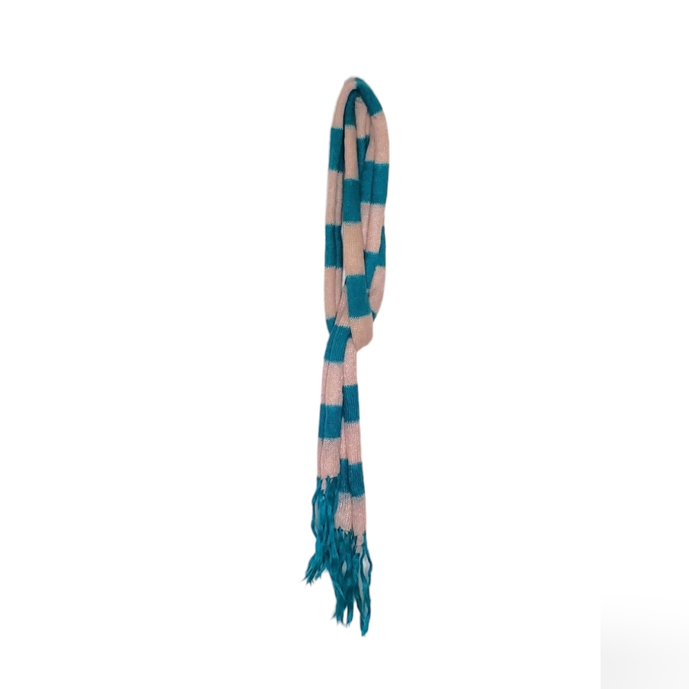 Blue and Cream Fine Knit Thin Striped Winter Scarf